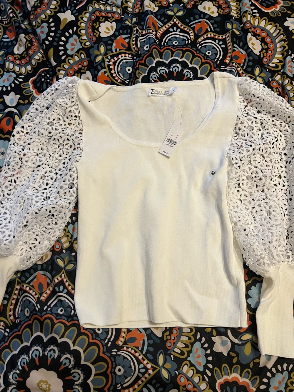 White Crochet Puff-Sleeve Long Sleeve Top